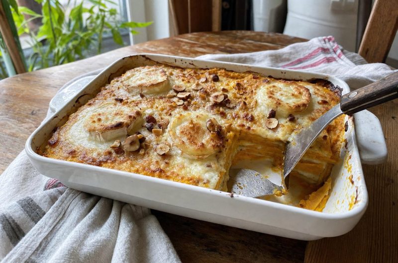 Lasagnes au potimarron, chèvre et noisettes croquantes